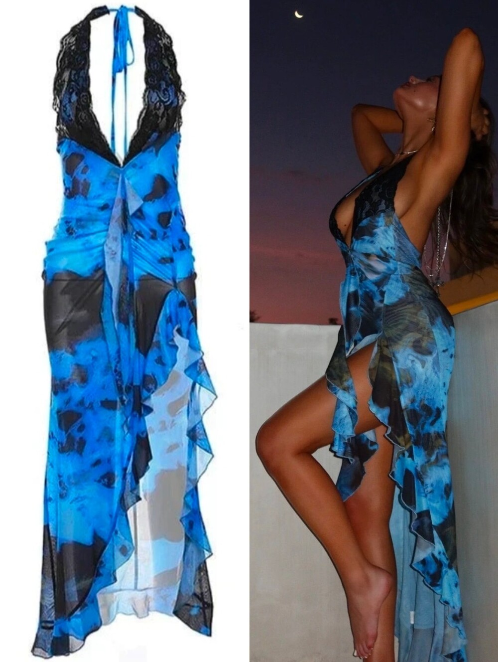 OUTCAST Blue Ashlen Midnight Sea Print Ruffle Maxi Dress